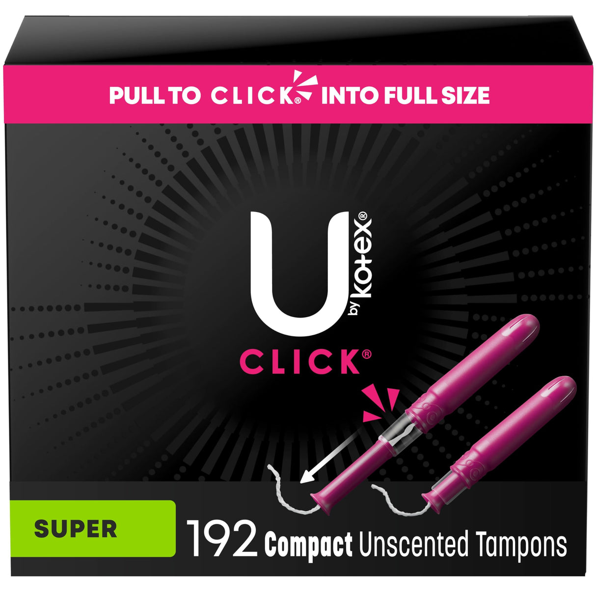 U by Kotex Click Compact Tampons, Super Absorbency, Unscented, 192 Count (6 Packs of 32) (Packaging May Vary)
