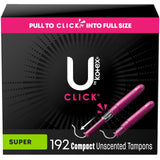 U by Kotex Click Compact Tampons, Super Absorbency, Unscented, 192 Count (6 Packs of 32) (Packaging May Vary)