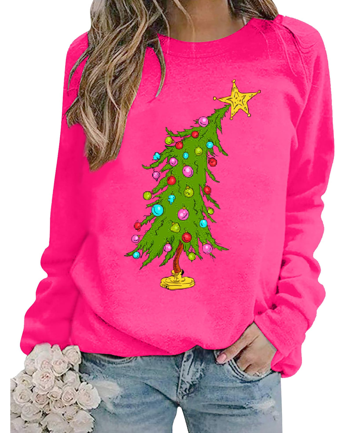APRFLOWER Christmas Sweatshirts for Women Cute Christmas Tree Graphic Long Sleeve Shirt Xmas Holiday Party Pullover Blouse Rose