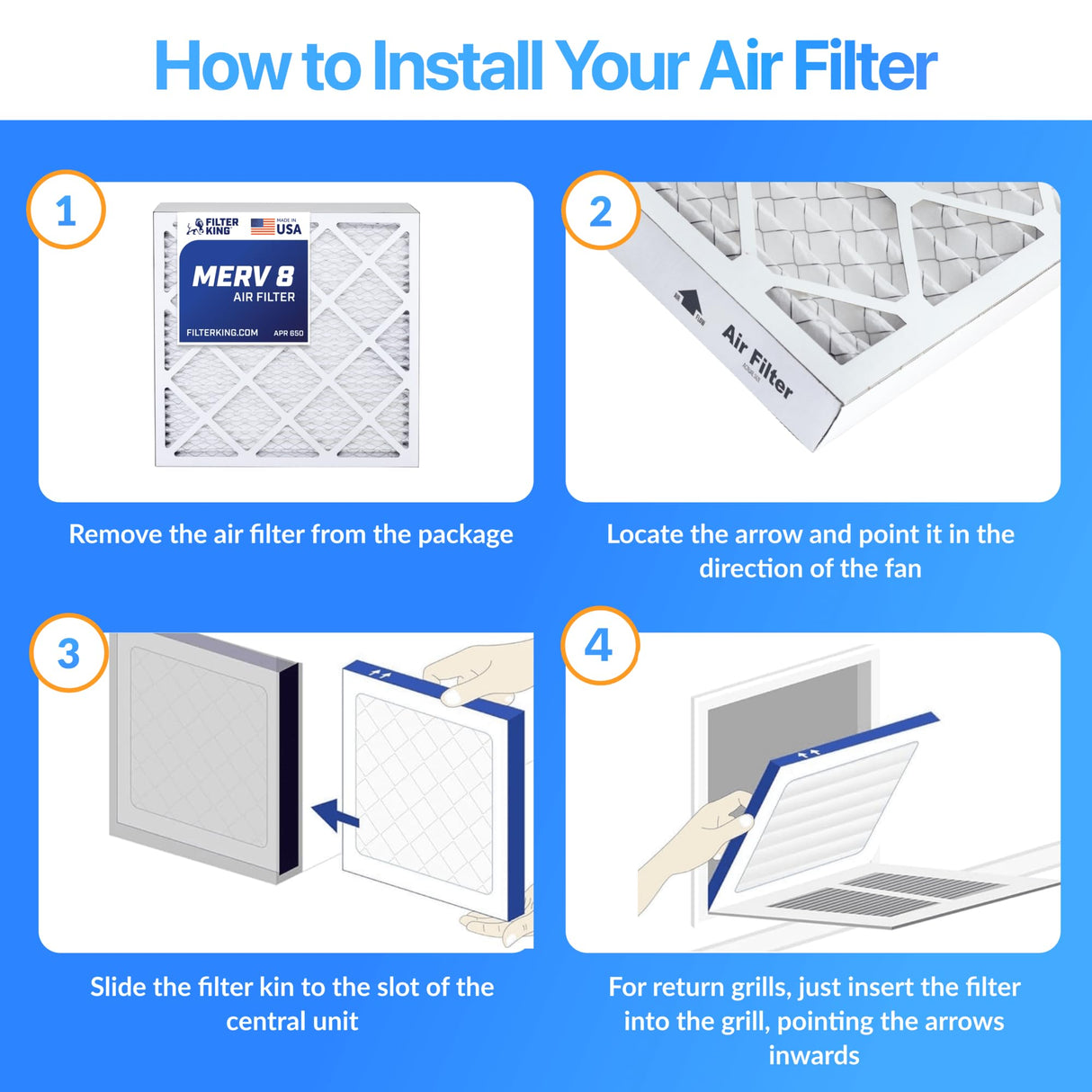 Filter King 15.5x19.5x1 Air Filter (MERV 8) (4-Pack) Dust & Allergy Control AC Furnace Filters, MADE IN USA, HVAC, Pleated, Electrostatic (Actual Size: 15.5 x 19.5 x .75)