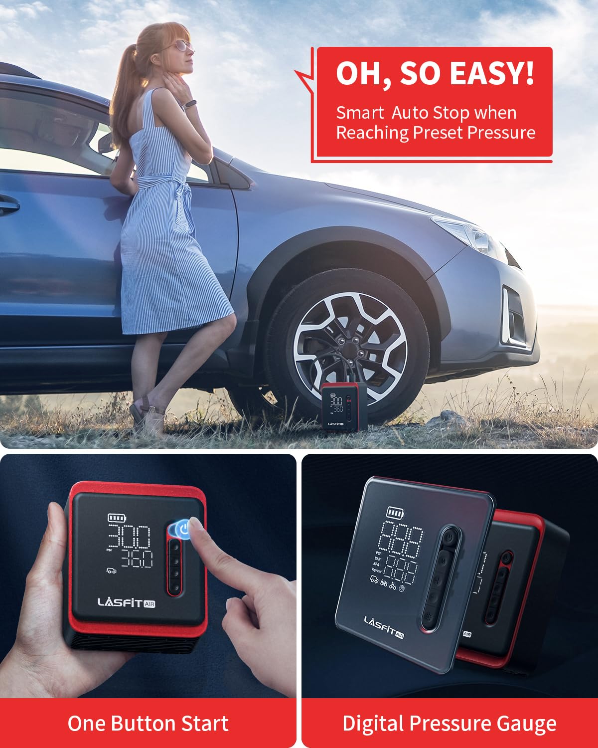 LASFIT AIR CR1 Pro Tire Inflator Portable Air Compressor [3X Fast Inflation&Fits All Cars] 150PSI Smart Cordless Car Air Pump with Powr Kit