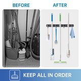 ZONGOOL 2 Pack 3 Racks and 4 Hooks Mop and Broom Holder Wall Mount, Heavy Duty Broom Hanger Organizer Storage Tool Racks Stainless Steel Self Adhesive Wall Hanger for Kitchen Garden Laundry Garage