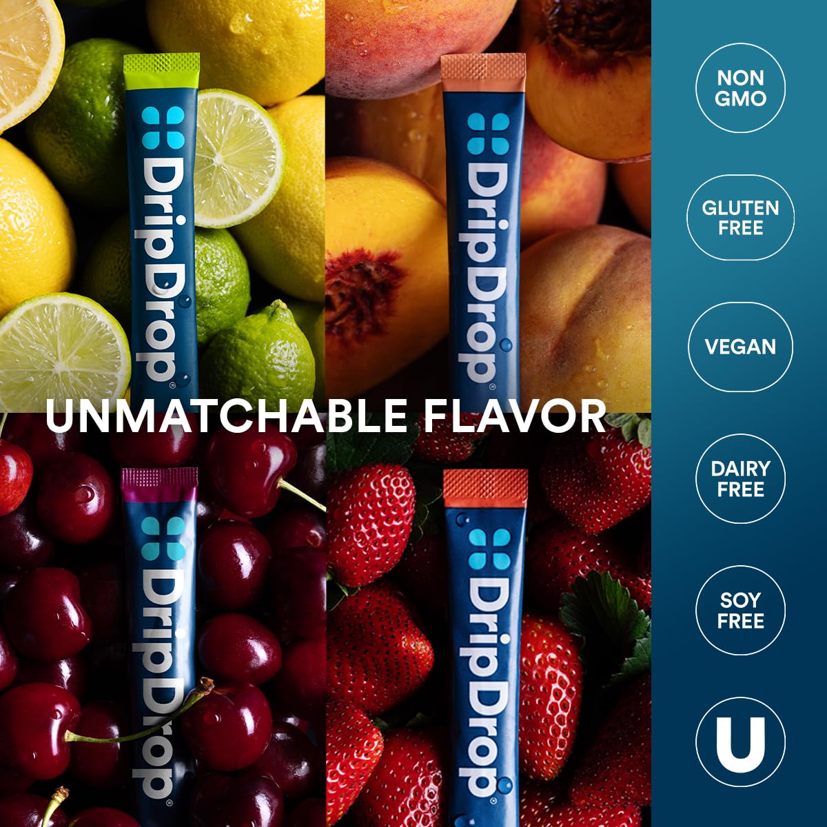 DripDrop Hydration Packets - Sunburst Variety Pack - Single Serve Electrolytes Powder Drink Mix - Lemon Lime, Strawberry, Peach, Black Cherry - Non-GMO, Gluten Free, Vegan - 16 Sticks