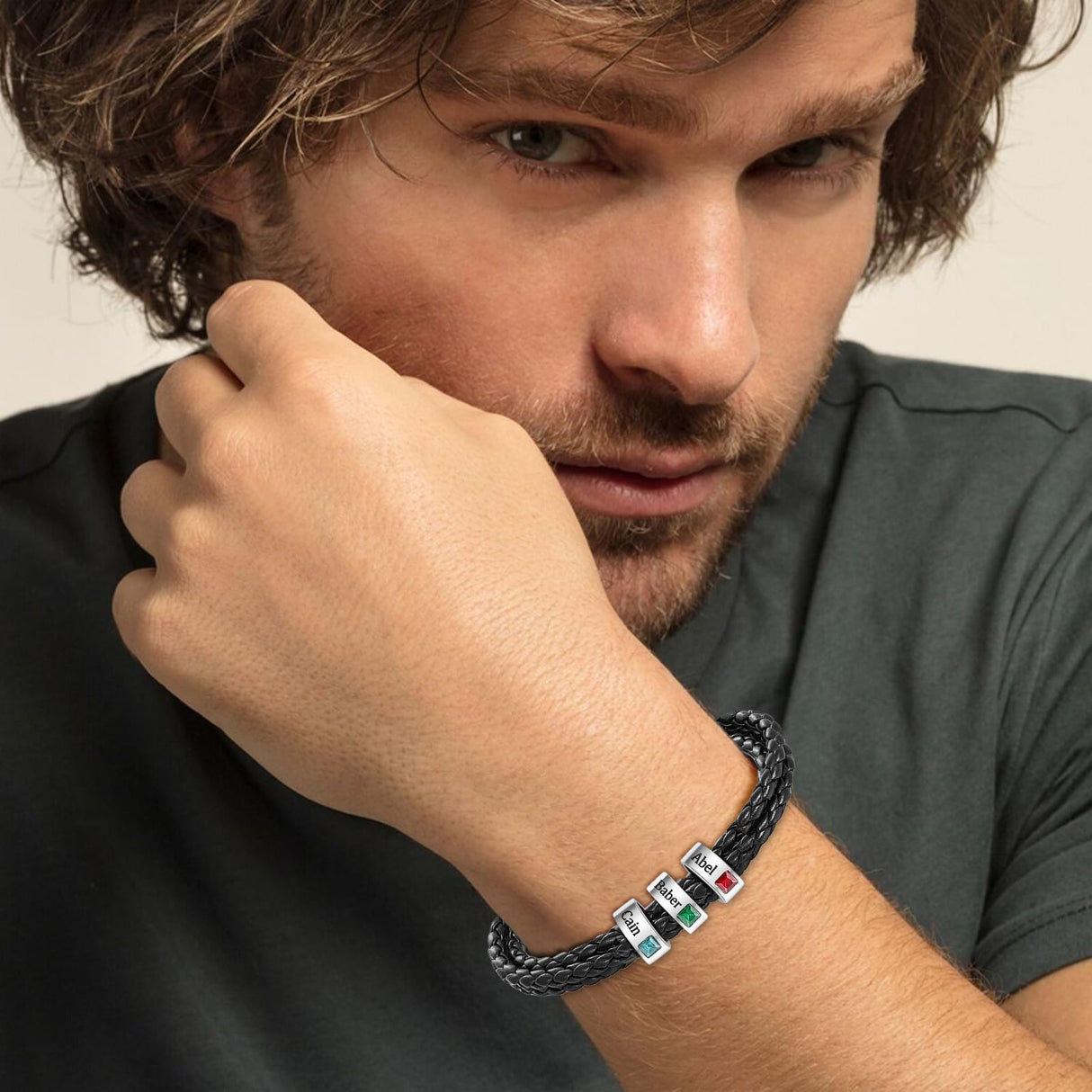 Pinkfulum Personalized Father's Day Dad Bracelet Gifts Custom Mens Leather Bracelet with 1-8 Names Beads, Customized Birthstone Bracelets Gifts for Husband Dad Grandpa