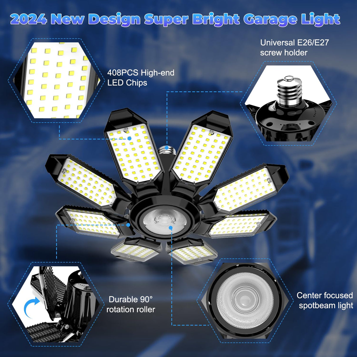 POLARPRA Garage Lights - Super Bright 250W LED Garage Ceiling Light w/ 8 Deformable Panels 6500K Led Light Bulb Srew in E26/E27 Socket with Adjustable Center Spotlight for Barn Workshop Attic - 4Pack