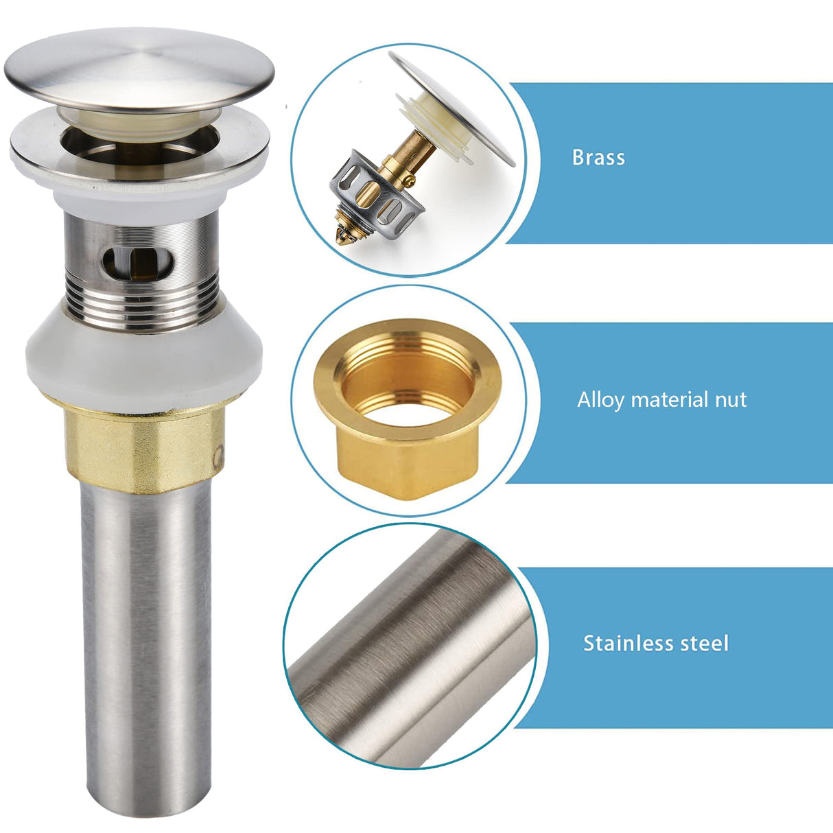 Rockgoya Bathroom Sink Drain,2 Pack Drain Stopper Bathroom Sink with Overflow,Pop Up Drain Assembly with Detachable Strainer Basket,Built-in Anti-Clogging Strainer,Stainless Steel Brushed Nickel