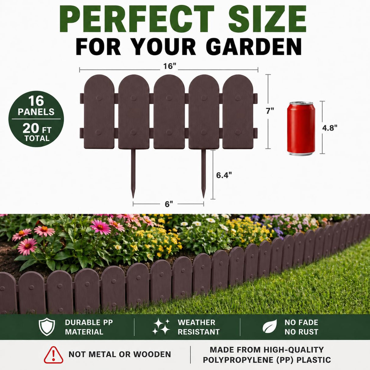 Evelyne Garden Border Plastic Edging: Wooden Fence Design - 16pcs Brown Yard Landscaping Fence Liner Lawn Edge Barrier - 20ft Kit of Decorative Lawn Panels Elements -Landscaping Edging-GMT-10374-A16