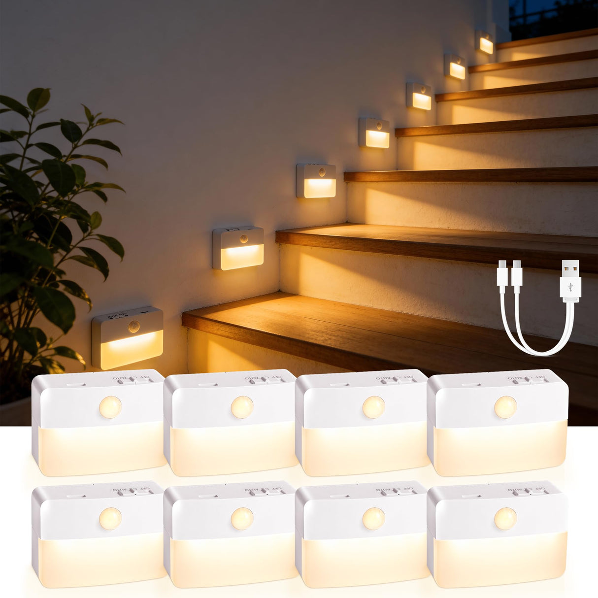 8 Pack Rechargeable Motion Sensor Stair Lights for Indoor, Wireless Battery Operated Night Light,Magnetic Led Stick On Portable Lamp for Step Hallway Closet Under Cabinet Bedroom Kitchen Bathroom