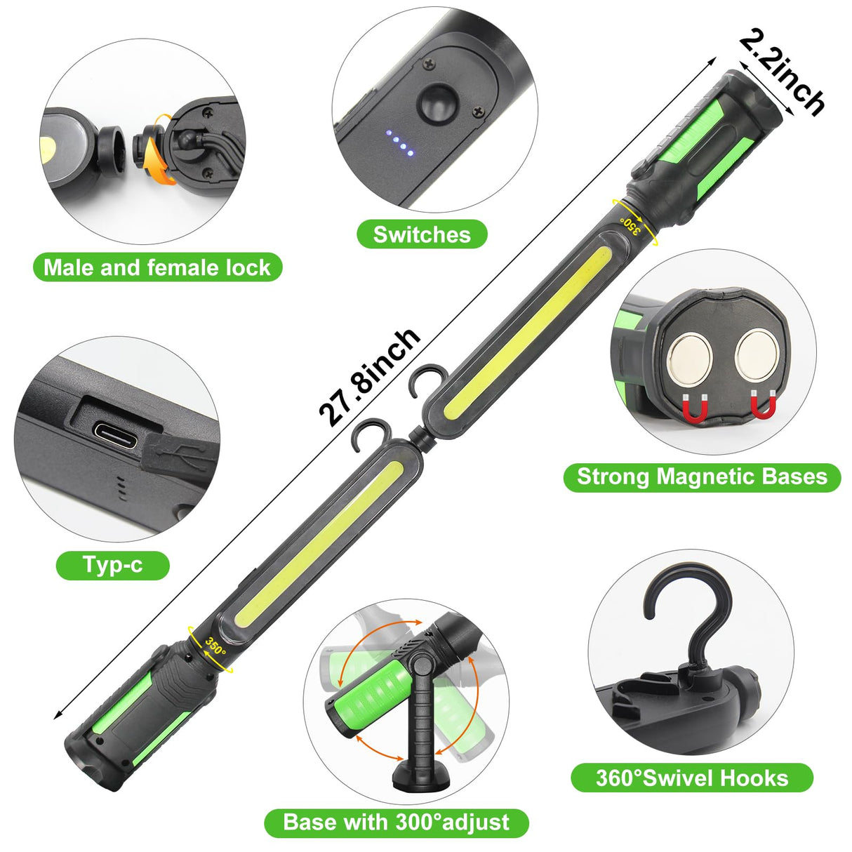 SYLSTAR Work Light for Mechanic, 2400LM LED, 4400mAh Rechargeable, Magnetic, Underhood Work Light with Hooks for Car Repairing/Inspection/Garage/Workshop/Emergency