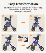 VOCIC Transport-Wheelchair-Lightweight-Foldable, Walker Wheelchair Combo, Rollator-Walkers-for-Seniors-with-Seat, 2 in 1 Rolling Walker, 300lb Adults 4 Wheel Transport Chair w/Brakes & Pouch-FSA HSA