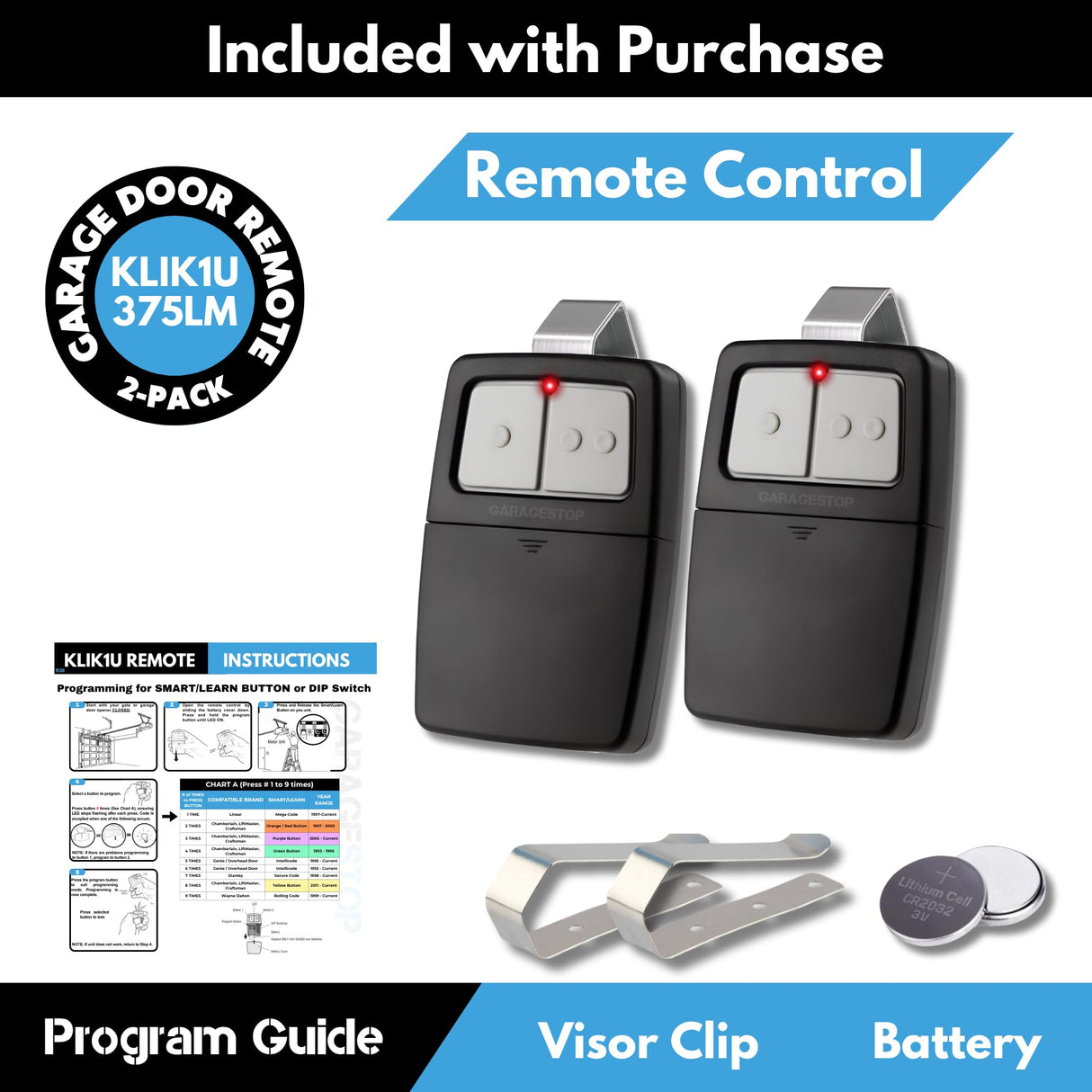 Universal Garage Door Opener Remote 2-Pack for LiftMaster Chamberlain Genie Linear, Replaces Clicker KLIK1U 375UT 375LM, 2-Button Garage Remote for 2 Doors/Gates, Learn Button & Dip Switch