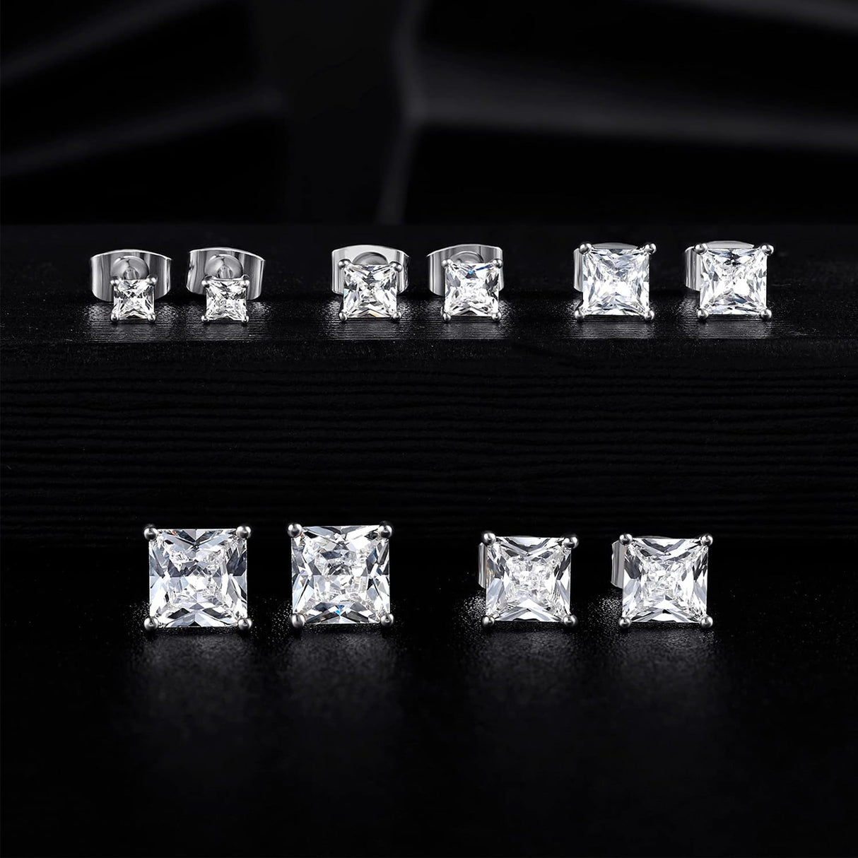 MDFUN Princess Cut Cubic Zirconia Stud Earrings for Women Men,5 Pairs