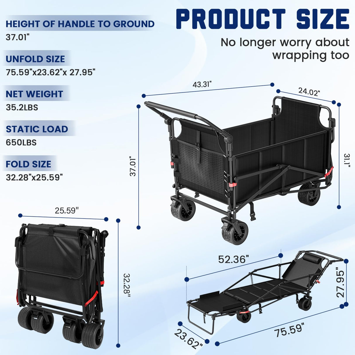 LEVELEVE Heavy Duty Folding Wagon - 2-in-1 Collapsible Cart, 650lb Capacity, All-Terrain Wheels w/Brakes & Side Pockets