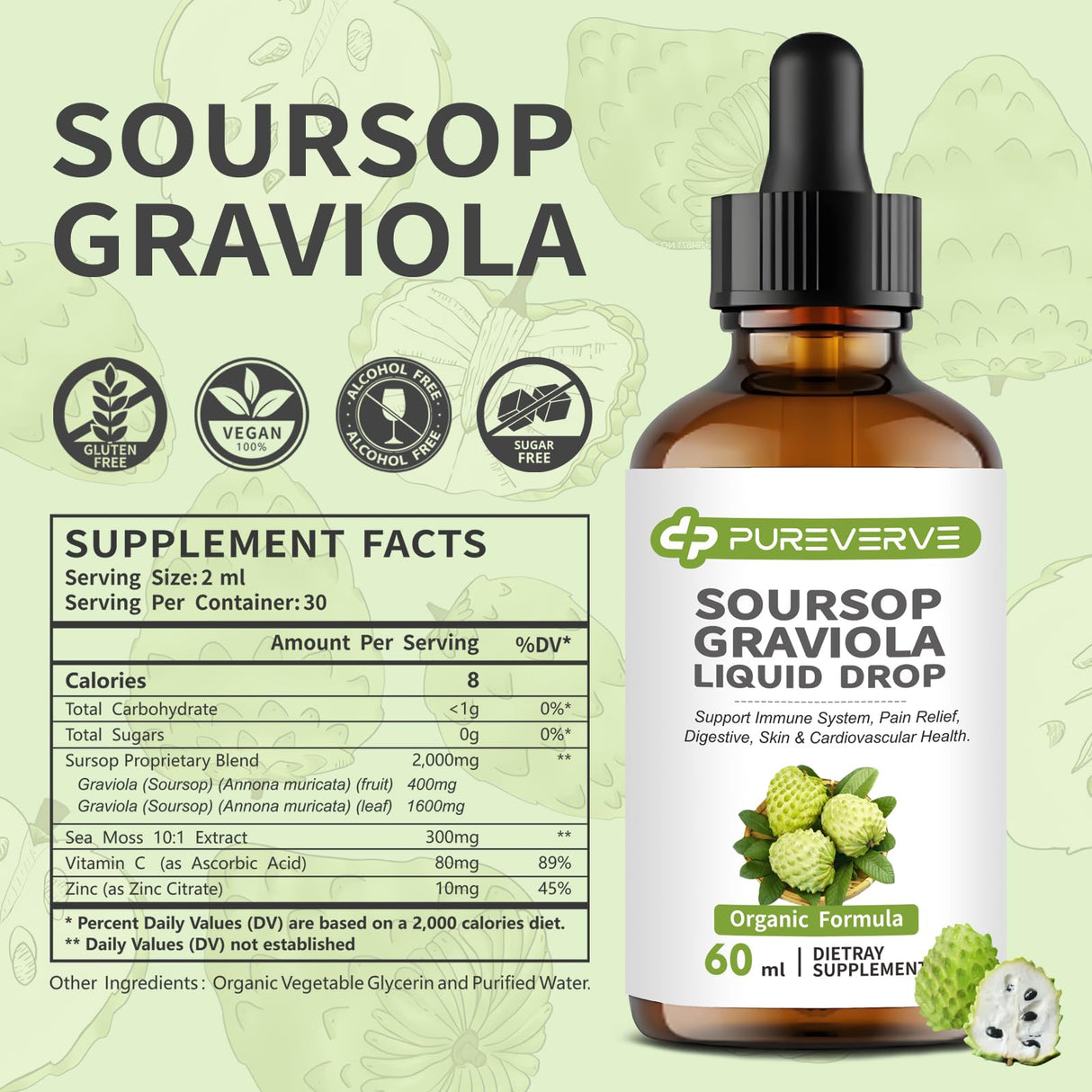 Purever Soursop Graviola Liquid Drop for Cell Support & Regeneration, Immune System and Gut Health Support, Soursop Bitters Liquid, Herbal Goodness, Sugar/Gluten Free, Natural Flavor, 2 Fl Oz