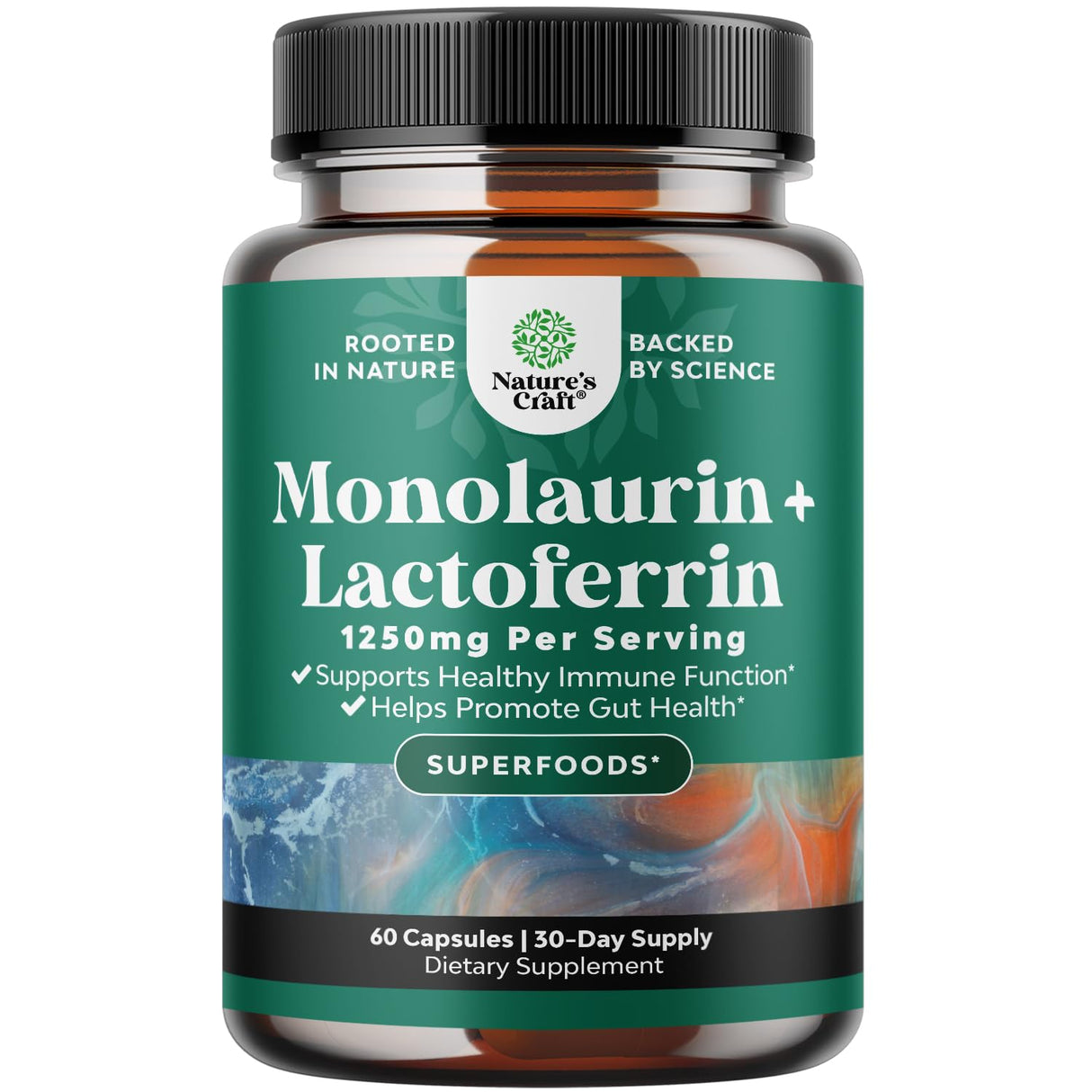 Natures Craft High Strength 250mg Lactoferrin & 1000mg Monolaurin Supplement (30 Servings) - Microbiome Digestive Health Immune Support Supplement - Lactoferrin and Monolaurin Capsules - Vegetarian