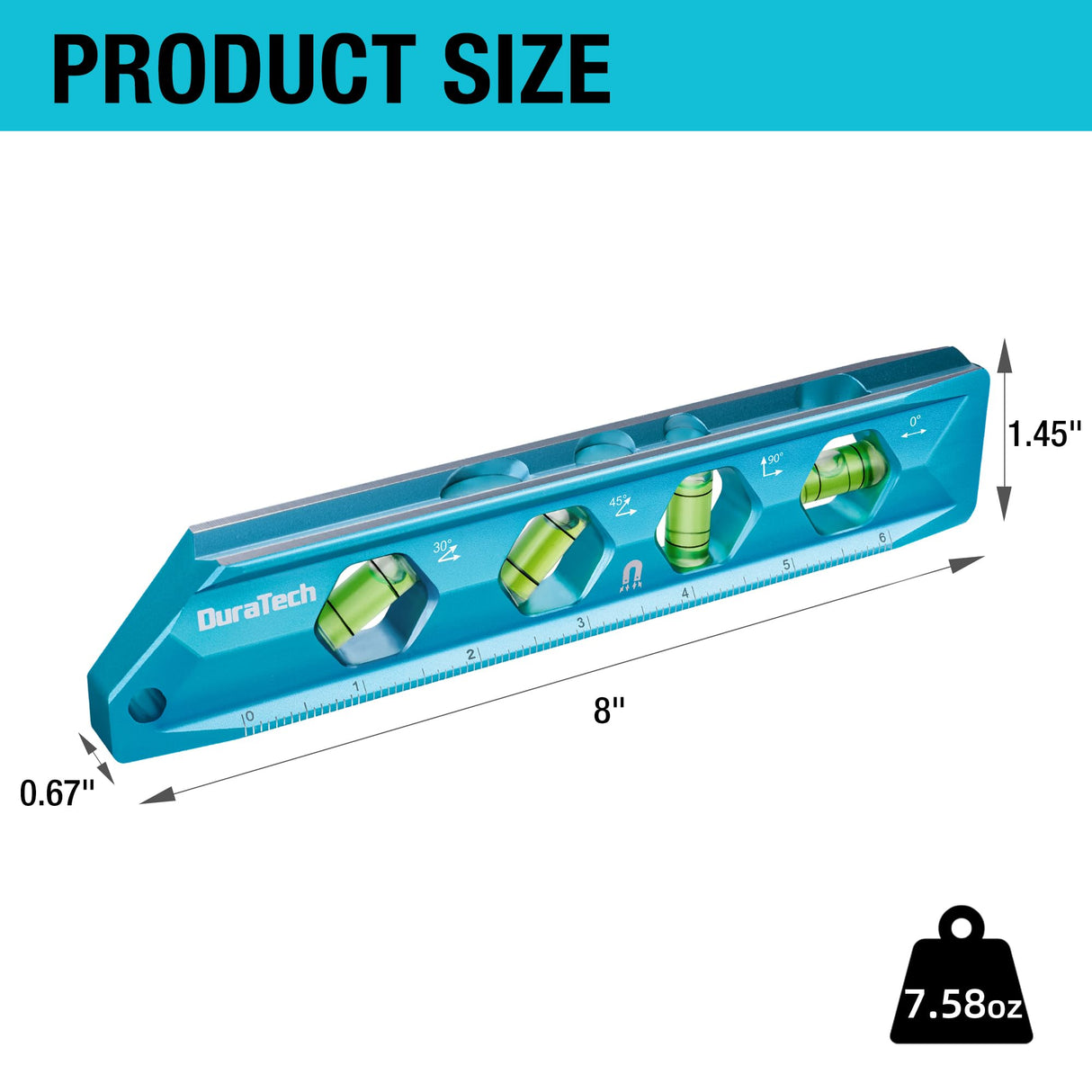 DURATECH 8-Inch Level, Magnetic Torpedo Level with 0°/30°/45°/90° Bubbles, V-Groove, Large Viewing Window, Aluminum Alloy Body, Hanging Hole, SAE and Metric Scale for DIY Projects and Household Use