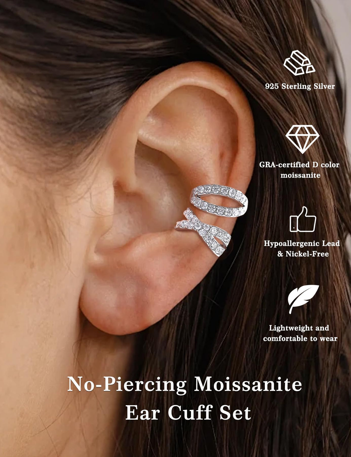 Mossanite 925Sterling Silver Earring Clip on Earrings Women(18K White Gold)