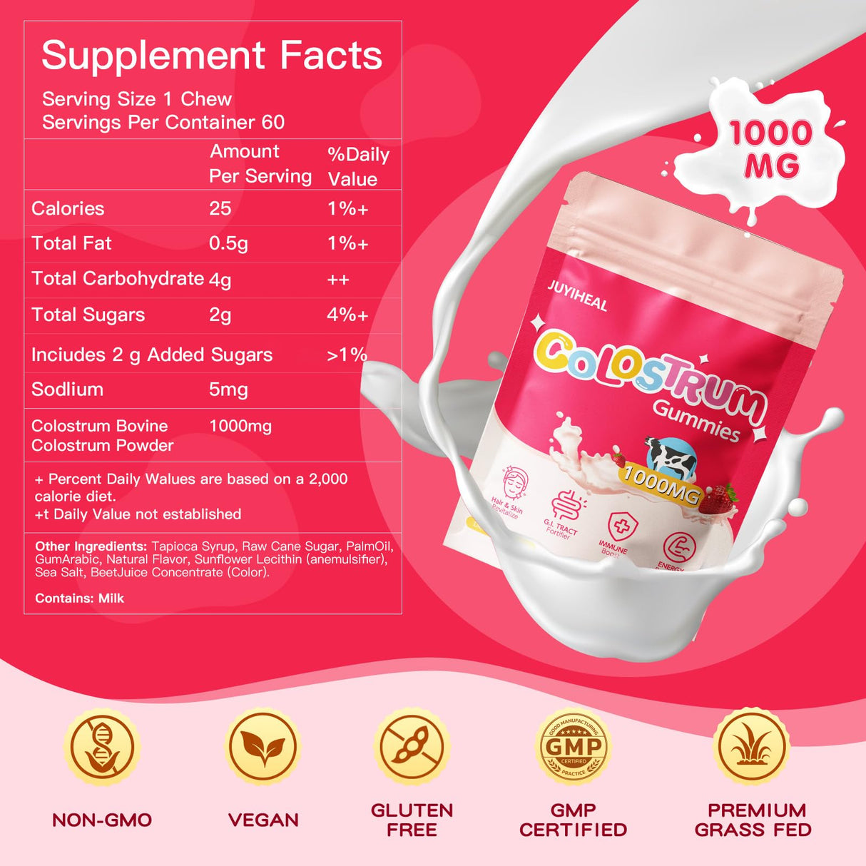 JUYIHEAL Colostrum Gummies, 1000 mg Grass Fed Colostrum Chews Colostrum Supplement for Gut Health, Hair Growth, Beauty, and Immune Support, Strawberry Flavor 60 Servings