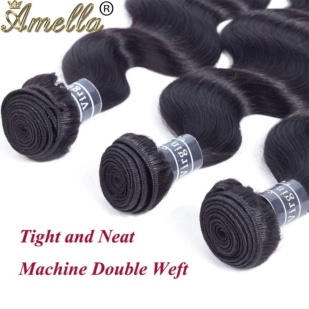 Amella Hair 100% Unprocessed Virgin Brazilian Human Hair Brazilian Body Wave 3 Bundles (18 20 22,300g) Hair Extensions Grade 8A Remy Human Hair Bundles Natural Black Color