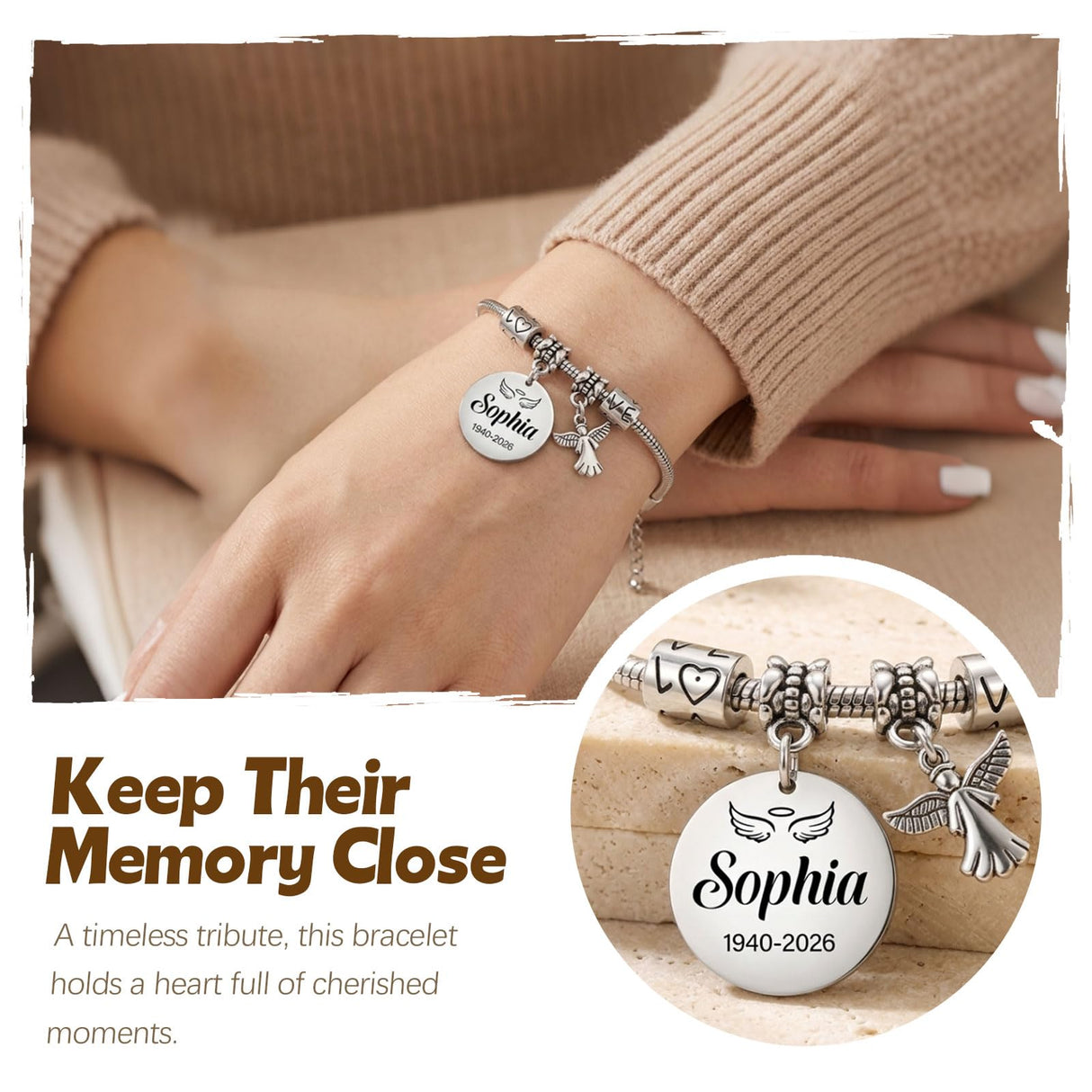 HAPPARY Silver Bracelets for Women Men,Custom Memory Bracelets for Loss Loved One with Name Dates,Personalized Adjustable Bracelet,Sympathy Bracelet for Loss of Husband,Memorial Angel Charms Keepsake