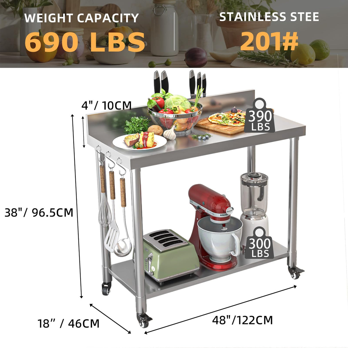 JFHID 48"x18" Stainless Steel Table with Wheels, Backsplash and Knife Blocks, Prep Tables for Commercial Kitchen Steel Countertop Work Table Workbench for Home Restaurant Garage