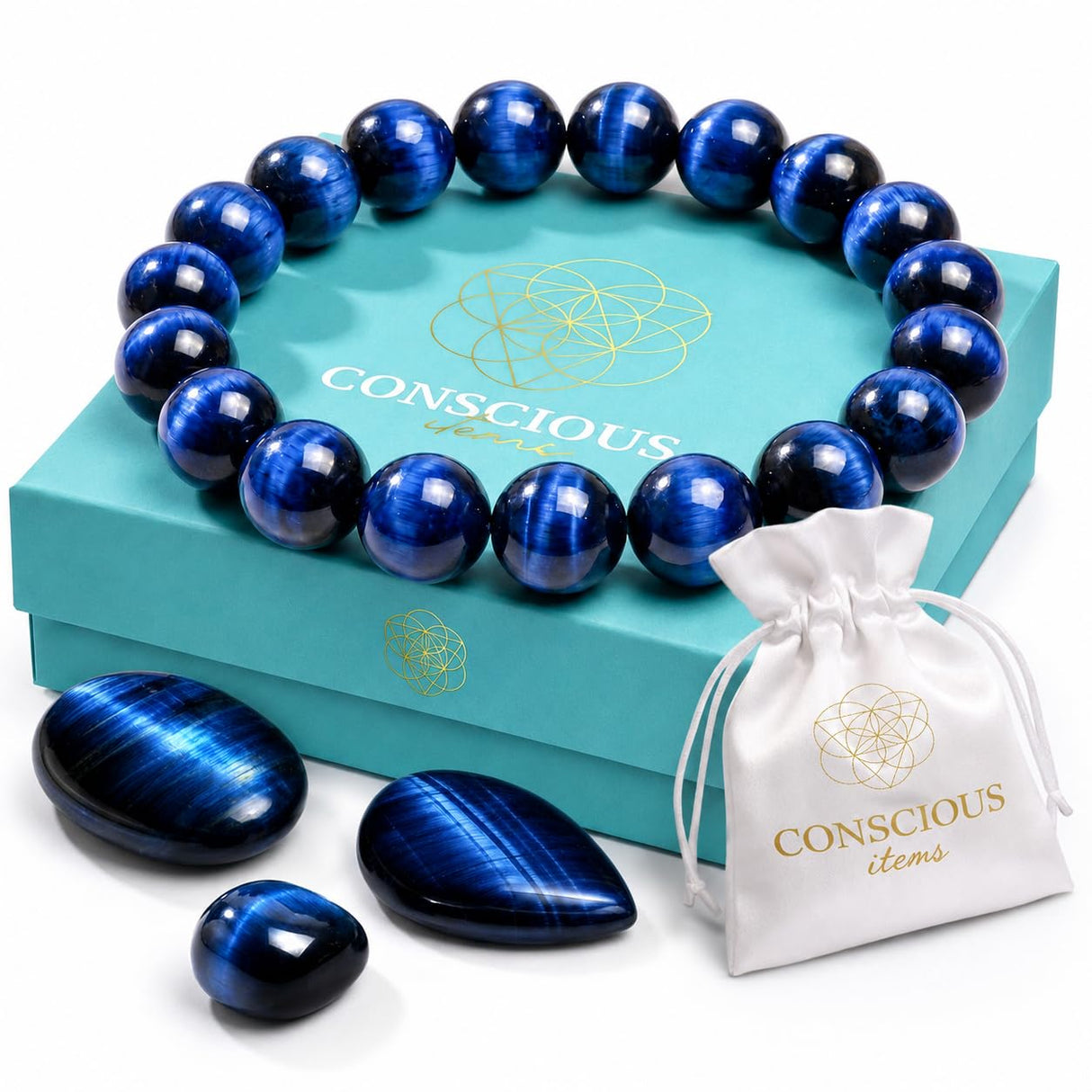 Conscious Items Blue Tiger's Eye Bracelet for Women & Men, Gemstone Beads