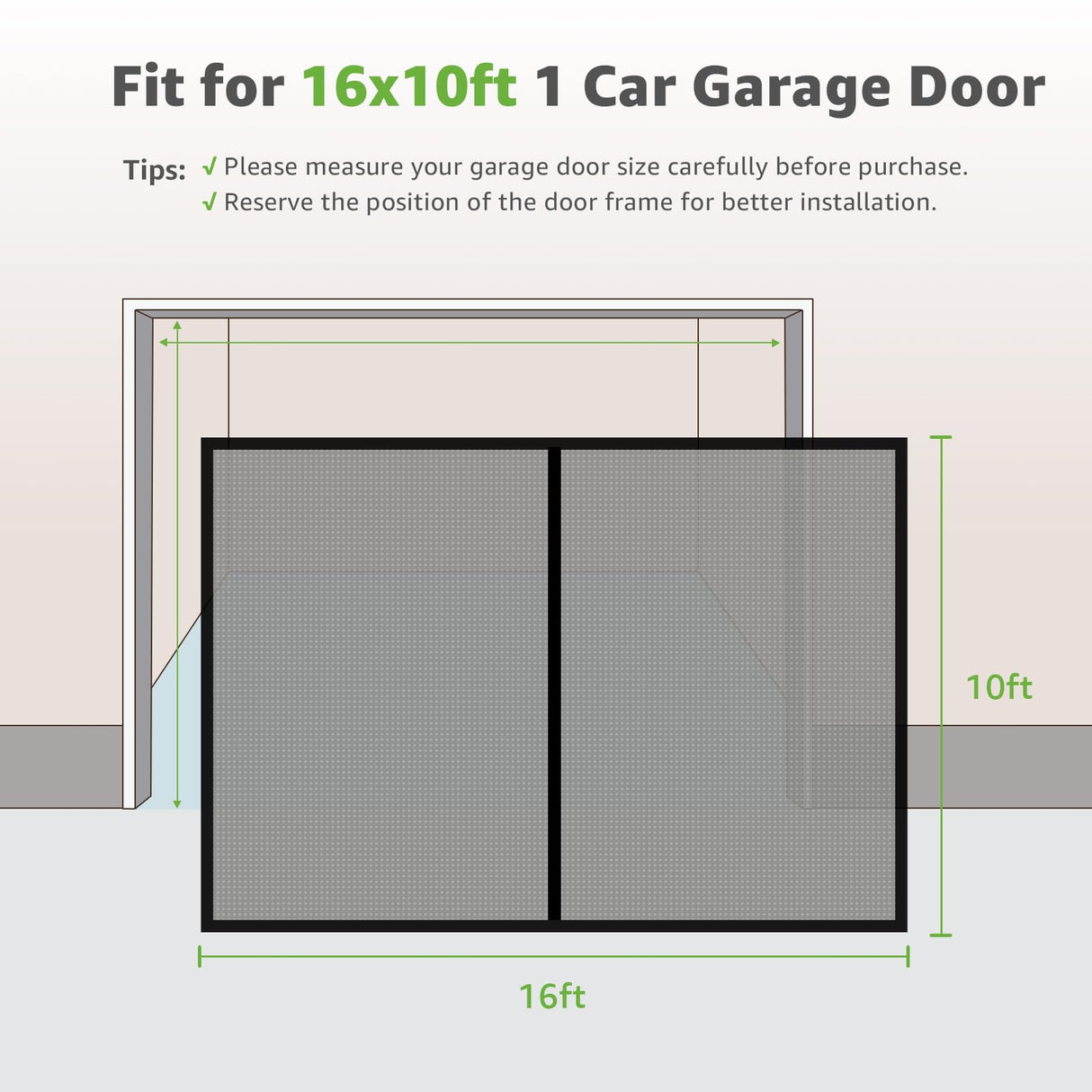 Garage Door Screen for 1 Car, 2 Car Garage, Magnetic Closure Heavy Duty Weighted Bottom Fiberglass Mesh Keep Annoying Animal Out (Black, 16 ft x 10 ft)