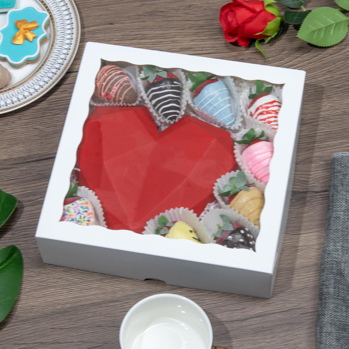 TEMLQPACK 50pcs 9x9x2.5 Inches White Bakery Boxes - Cookies, Pie, Chocolate Covered Strawberries, Breakable Heart, Charcuterie Boxes for Valentine's & Christmas