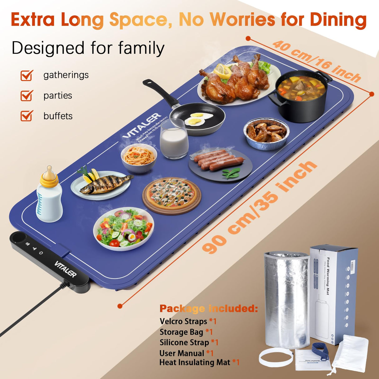 Vitaler Warming Mat for Food, (XXL 35”x16”) Electric Warming Trays, Upgrade Graphene Fast Full-Surface Heating Mat for Food with 6 Level Temp, 6 Hours Timer, Food Warmer Pad with Heat-Insulating Mat