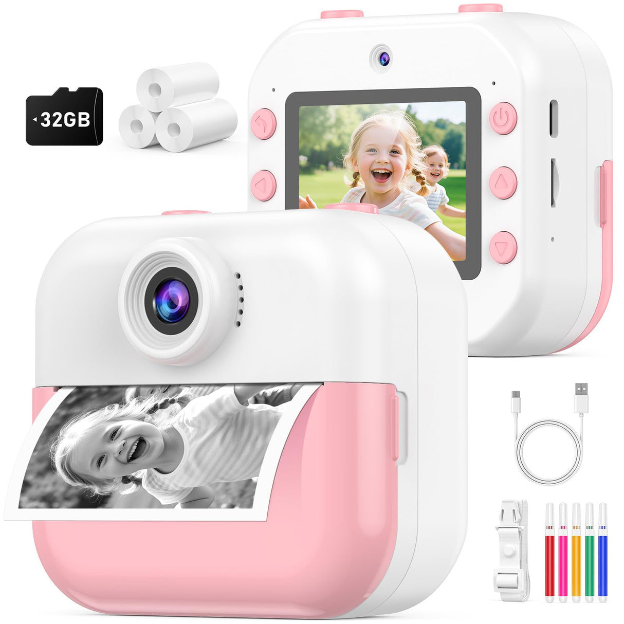 Instant Print Camera for Kids, DITUPAN Kids Camera with Front & Rear Camera for Selfie, Prints 1080P Videos, Christmas Birthday Portable Toys Gifts for Boys Girls Ages 3-12 (Pink)