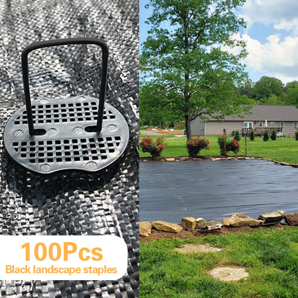 Bakulyor 100pcs Black Landscape Staples + 100pcs Buffer Washer, 6 Inch 11 Gauge Garden Stakes Staples, U Shaped Galvanized Lawn Pins Heavy Duty Yard Ground Pin for Weed Barrier Sod Fabric Decorations