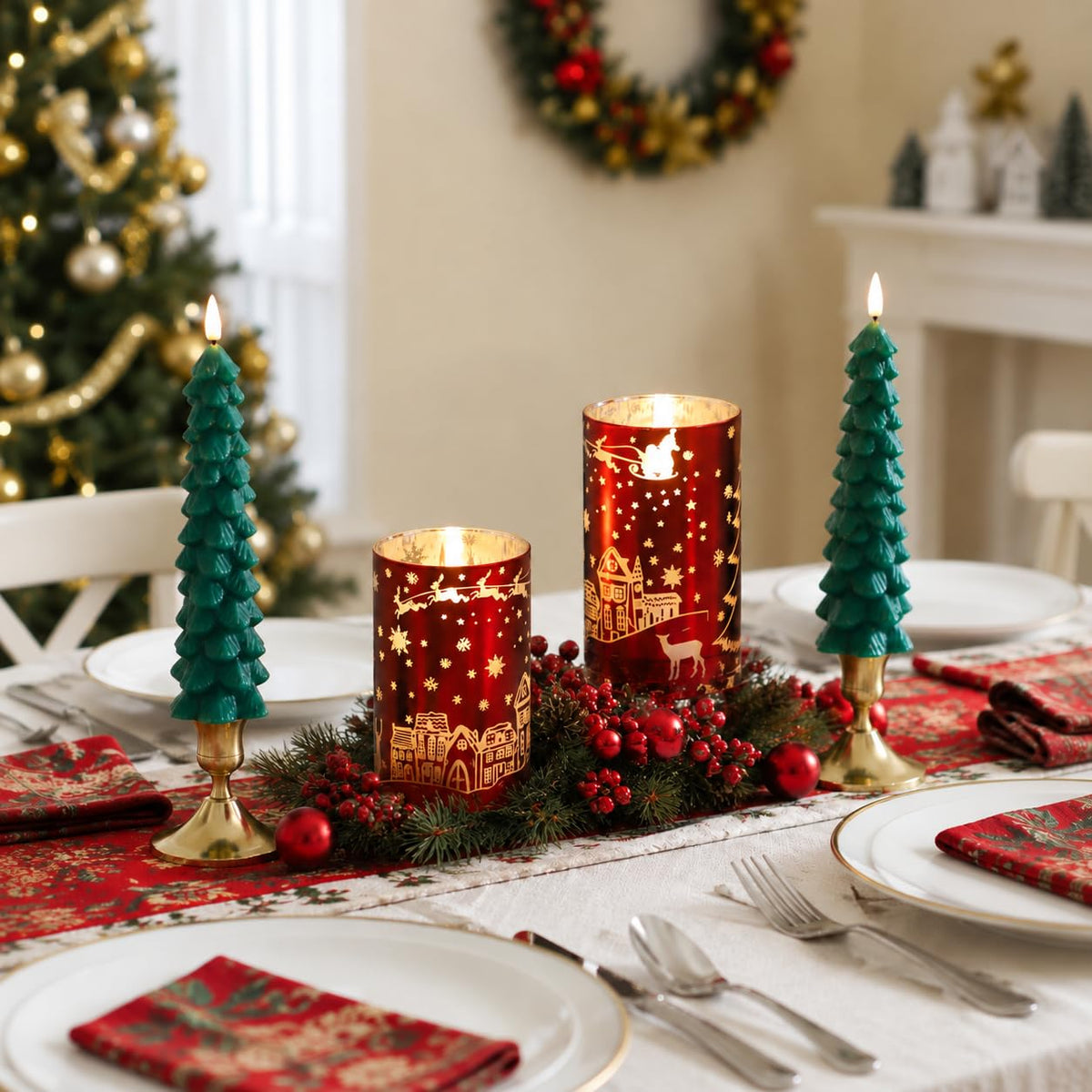 MUMCHASI Chritsmas Flameless Candles, Battery Operated Christmas Candles, Real Wax Glass Flickering LED Candles, Tree Candlestick for Home Christmas Decor, Remote Timer