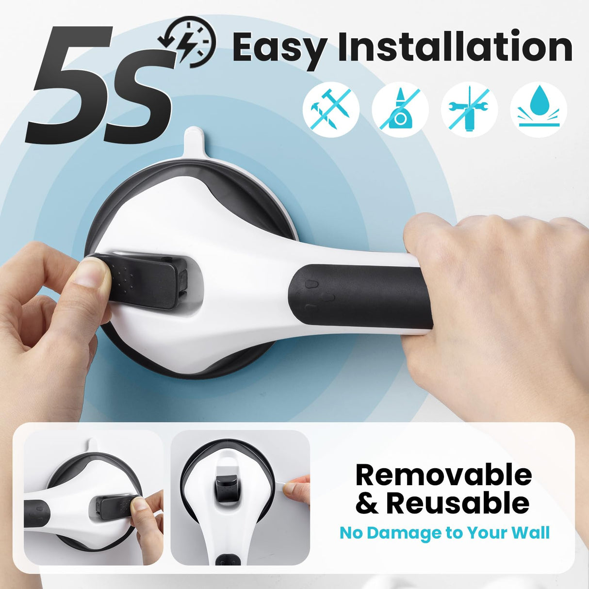 TAILI Shower Grab Bar 2 Pack Suction Grab Bars for Bathtubs and Showers, Heavy Duty Shower Handle Removable Shower Handrails for Seniors and Elderly, Bathroom Safety Grip No Drilling Waterproof, Black