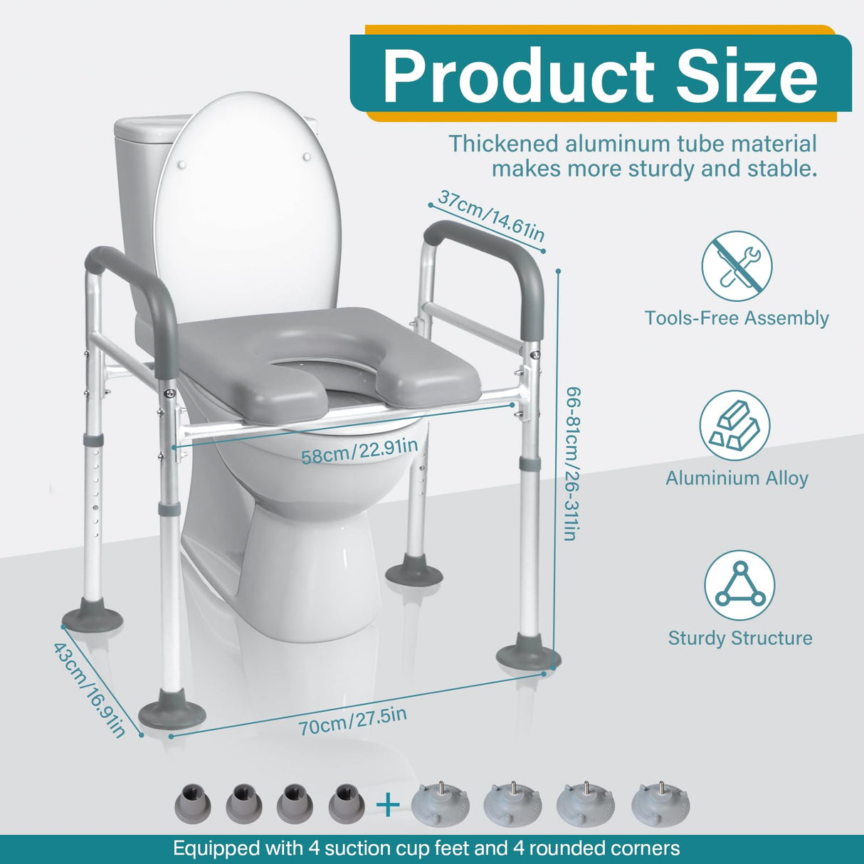 Eosprim Toilet Seat Risers for Seniors Elongated, Raised Toilet Seat with Handles, Toilet Safety Frames & Rails for Elderly and Handicap, Elevated Shower Commode Chair with Arms, Toilet Lift Grab Bar