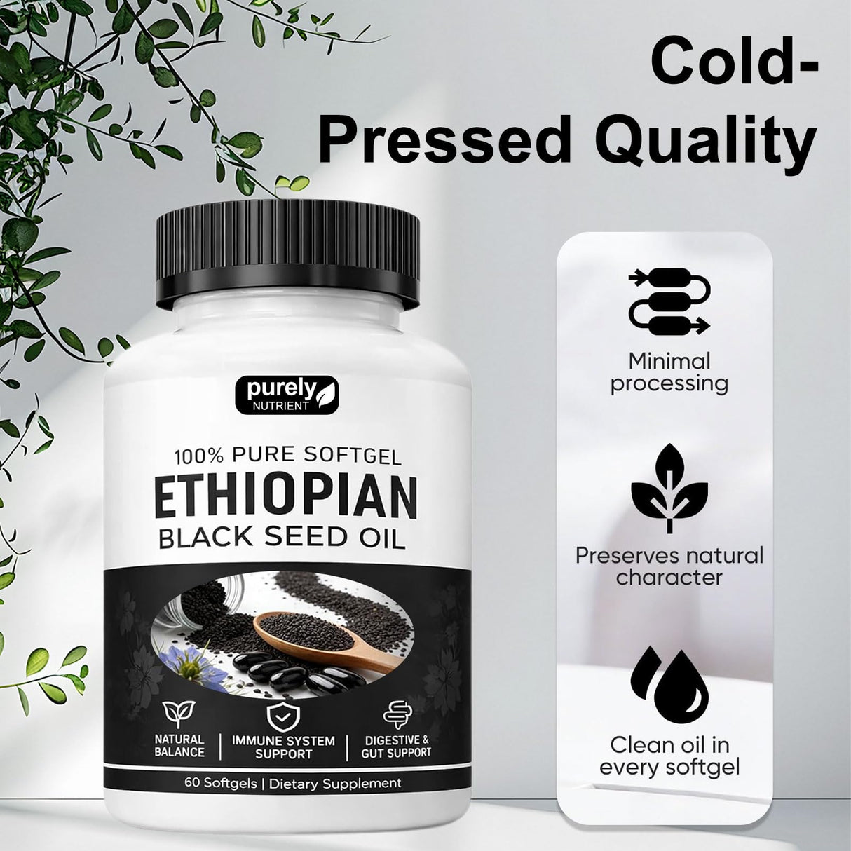 Purely Nutrient Ethiopian Black Seed Oil, Purely Ethiopian Black Seed Oil Capsules 4.64% Thymoquinone, Organic Cold Pressed Black Cumin Seed Oil Softgels, Non-GMO, Gluten-Free, 60 Softgels