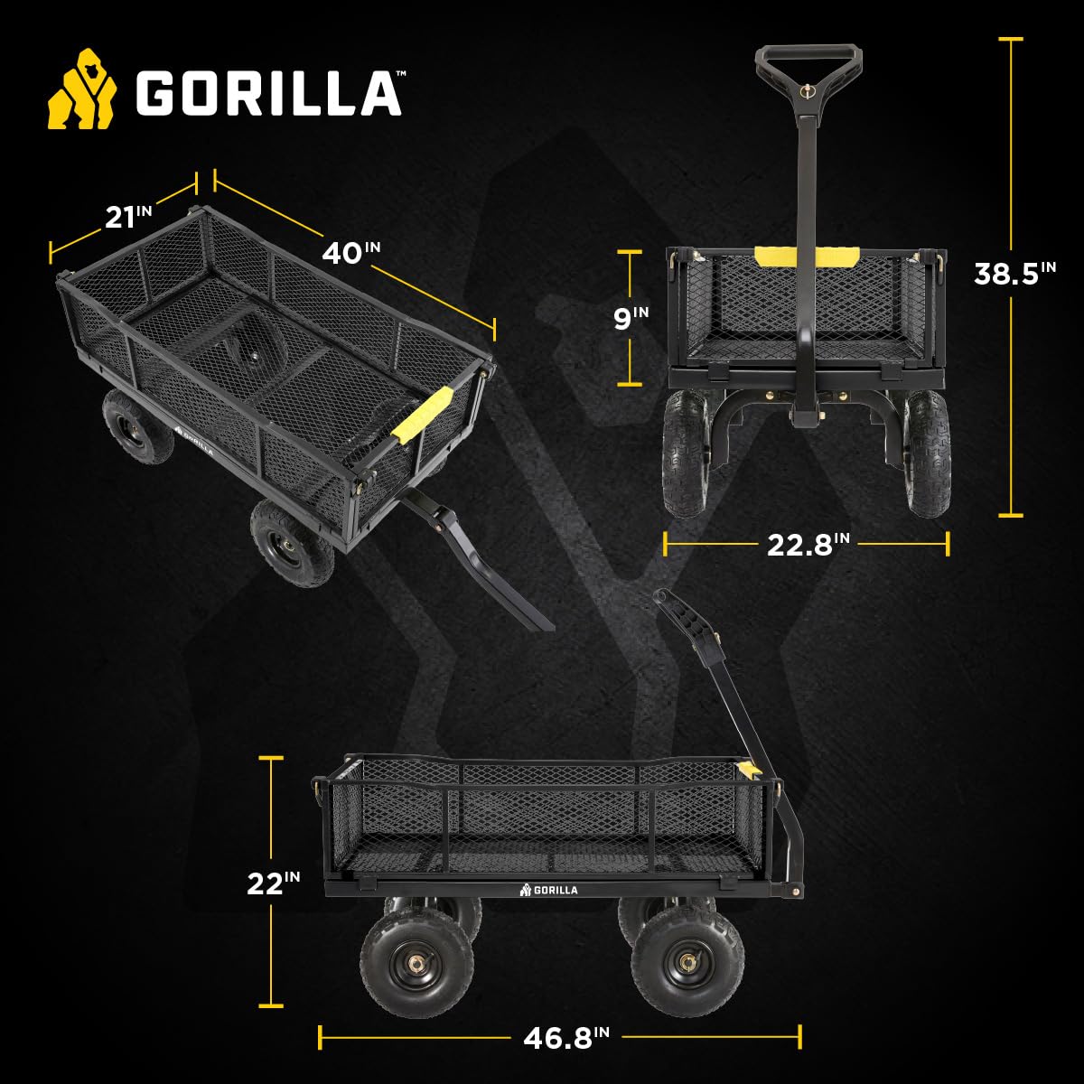 Gorilla Carts Steel Utility Cart, 4 Cu Ft Bed, 900 lb Load Capacity, Black – Towable Heavy-Duty Outdoor Hauling Wagon with Removable Side Panels for Yard, Lawn, Garden or Landscaping