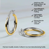 Hoops & Loops 925 Sterling Silver Intertwined Round Hoop Earrings for Women, Two-Tone Layered Trendy Double Square-Tube Hypoallergenic Click-Top Hoops, 20mm - Two-Tone Silver & Yellow Gold