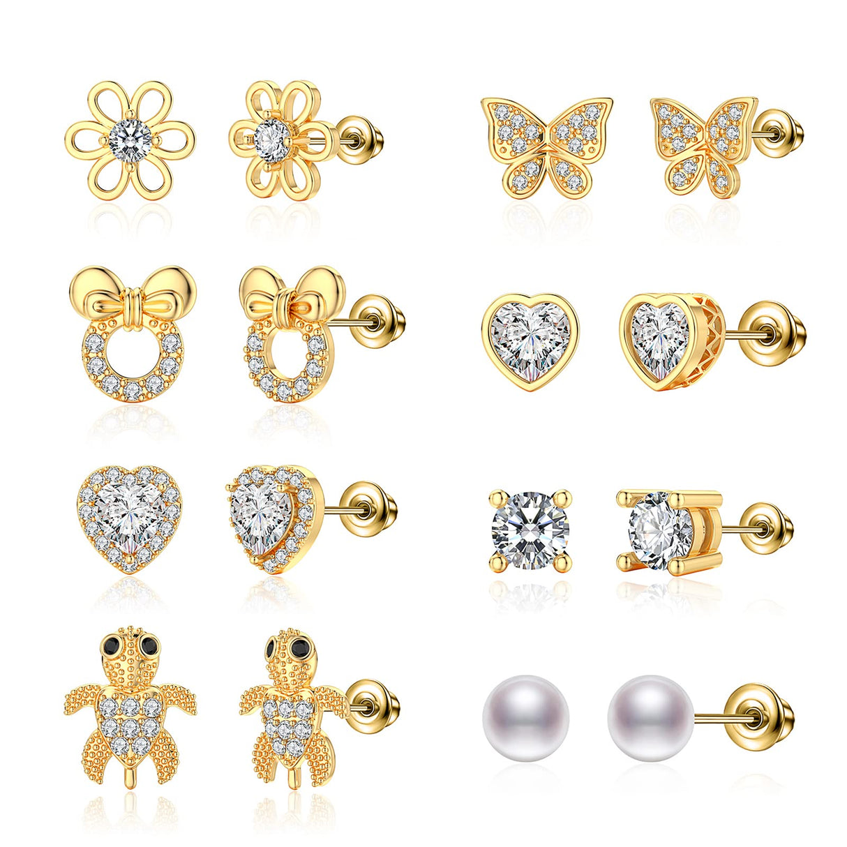 TOPBRIGHT 8 Pairs S925 Sterling Silver Stud Earrings Hypoallergenic Earrings with 18k Gold Plated Heart CZ Tiny Butterfly For Kids, Toddlers, Little Girls, Teens, Women