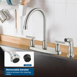 Cinwiny Kitchen Faucet, High Arc 360° Swivel Spout, 2-Handle 8 Inch Centerset Kitchen Sink Faucet with Side Sprayer, 3 or 4 Hole Kitchen Faucet for RV, Utility & Laundry Sink, Brushed Nickel
