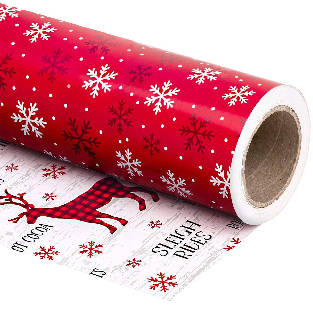 WRAPAHOLIC 30 Inch Jumbo Reversible Christmas Wrapping Paper - 30 Inch x 100 Feet Jumbo Roll Red White Reindeer and Snowflake Wrapping Paper for Christmas, Holiday, Party