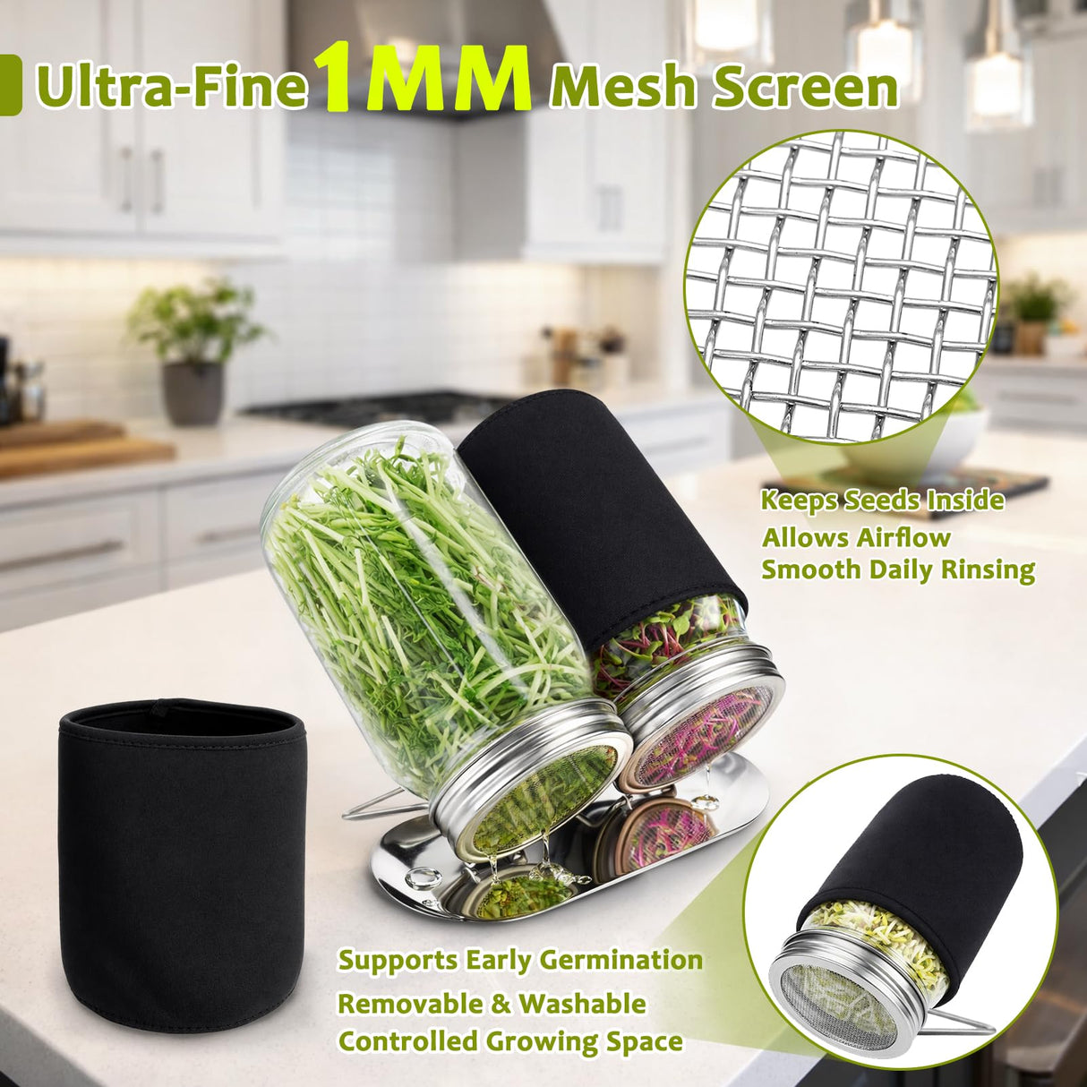 XUNWKONGG Sprouting Jar Kit, 2 Pack Sprouting Kit with Stainless Steel Screen Sprouting Lids, Glass Mason Jars & Light-Blocking Sleeves, Seed Sprouting Kit for Broccoli Sprouts, Bean Sprouts, Alfalfa