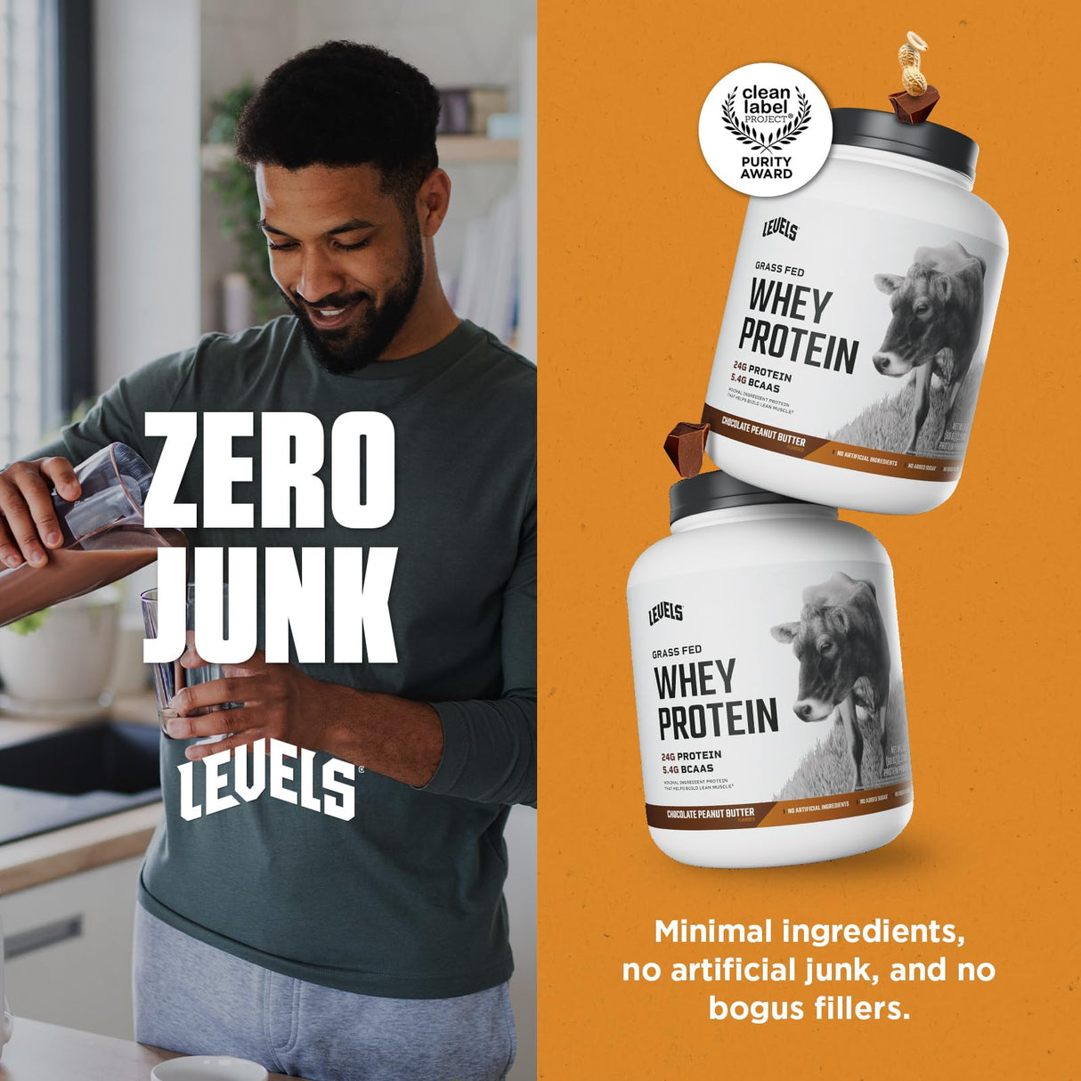 Levels Grass Fed Whey Protein Powder, No Artificials, 24G of Protein, Chocolate Peanut Butter, 5LB