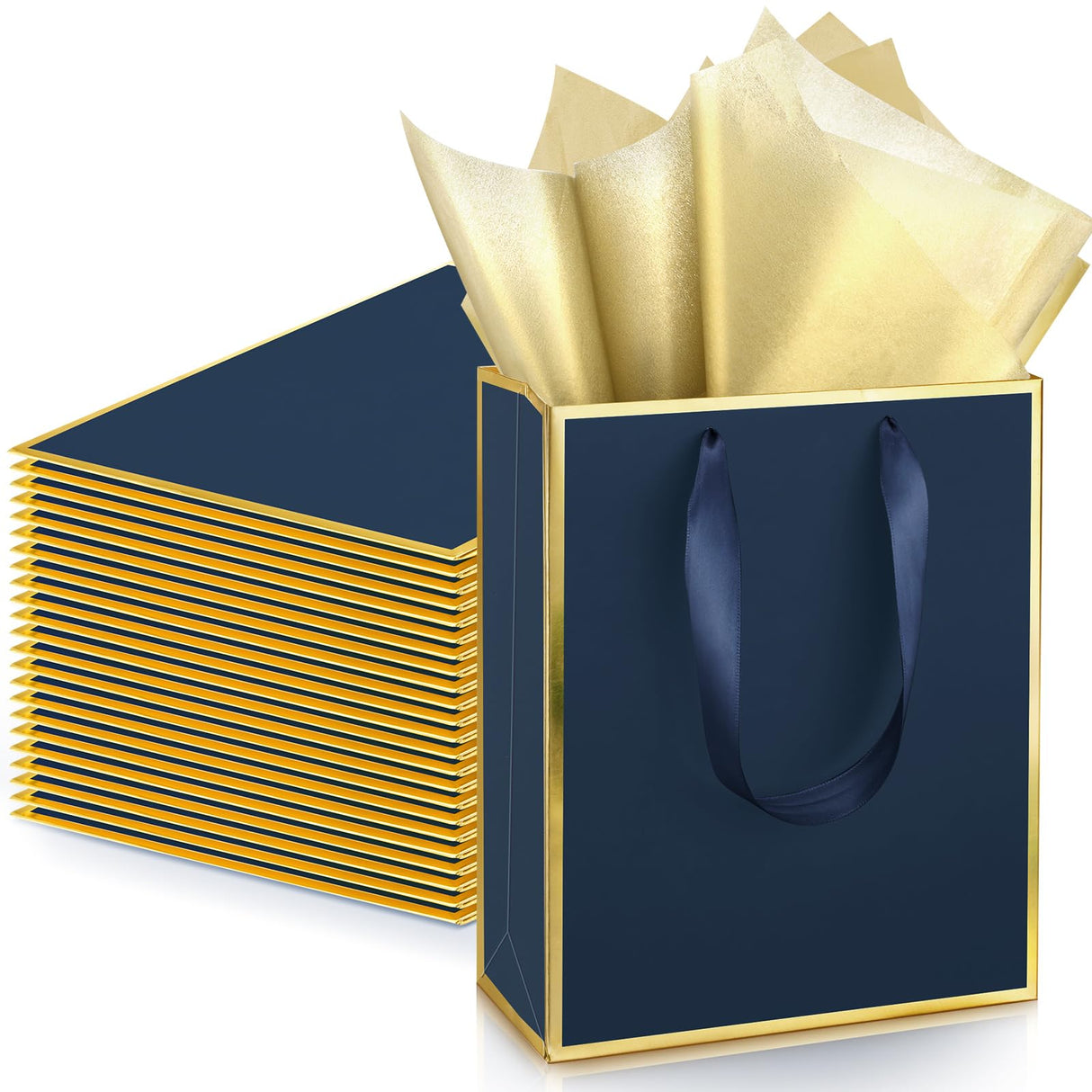 Yeaqee 24 Pack Metallic Paper Gift Bags with Handle and Tissue 9x7x3.1 Gold Foil Welcome Favor Bags Return Gifts for Wedding Fall 5 Senses Christmas Bridesmaid Birthday(Navy Blue, Gold)