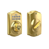 Schlage Camelot Electronic Keypad Deadbolt Lock, Keyless Front Door Entry, Mechanical Key Backup Included, Bright Brass, BE365 CAM 505