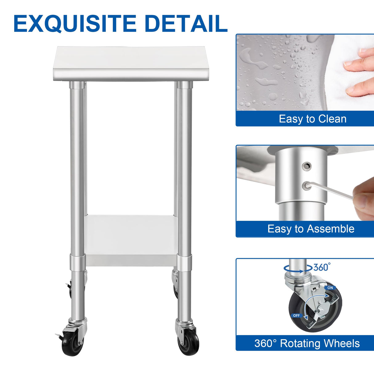 HARDURA Stainless Steel Commercial Table Prep & Work Table with Casters Heavy Duty Metal Table with Wheels NSF 430 24×24 Inches