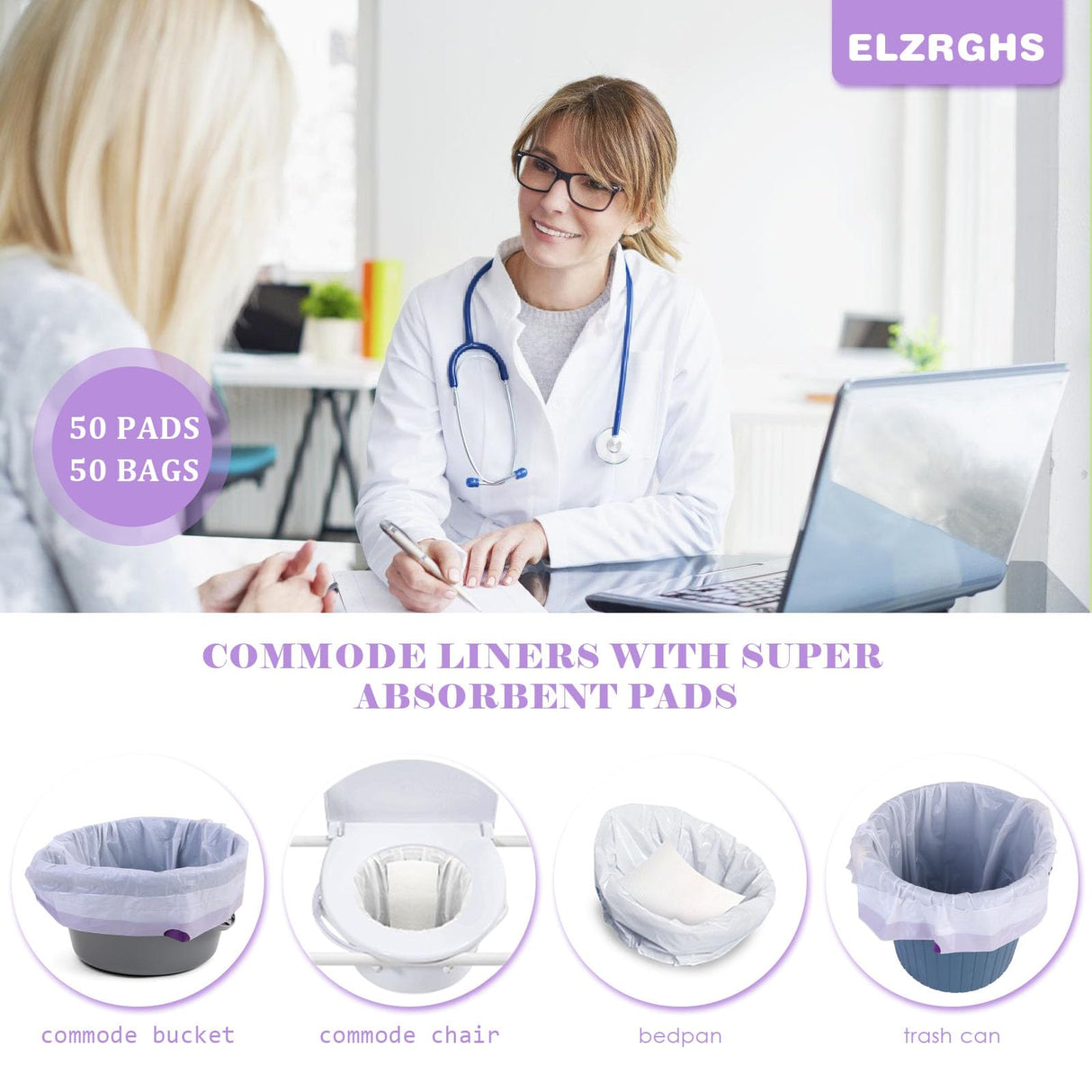 Elzrghs Commode Liners with Absorbent Pads for Bedside Commode, Commode Toilet,50 La-Vender Scented Bedside Commode Liners and 50 Commode Pads, White