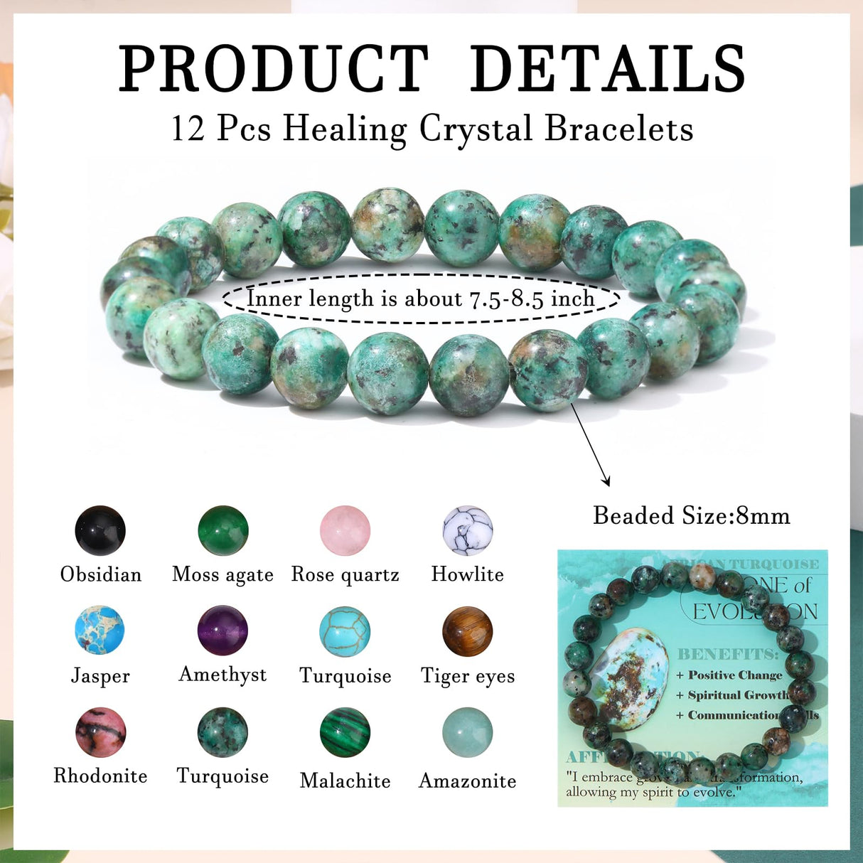FIRAZIO 12Pcs Natural Stone Beaded Bracelets for Women Men Semi-Precious Gemstones Bracelets Crystal Bracelet Unisex Adjustable Stretch Bracelets (8MM)