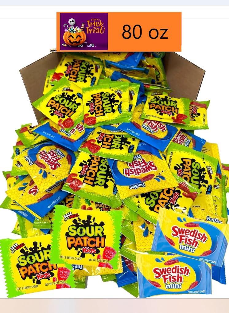 Halloween Bulk Candy Of 5 lb of Sours Patch For Kids And Swedish Fish Mini Soft And Chewy Candy Variety Snack Bulk Order. Individually Wrapped Fun Size Pouches, 0.5 Ounce, Huge 200 Ct. Christmas Candy