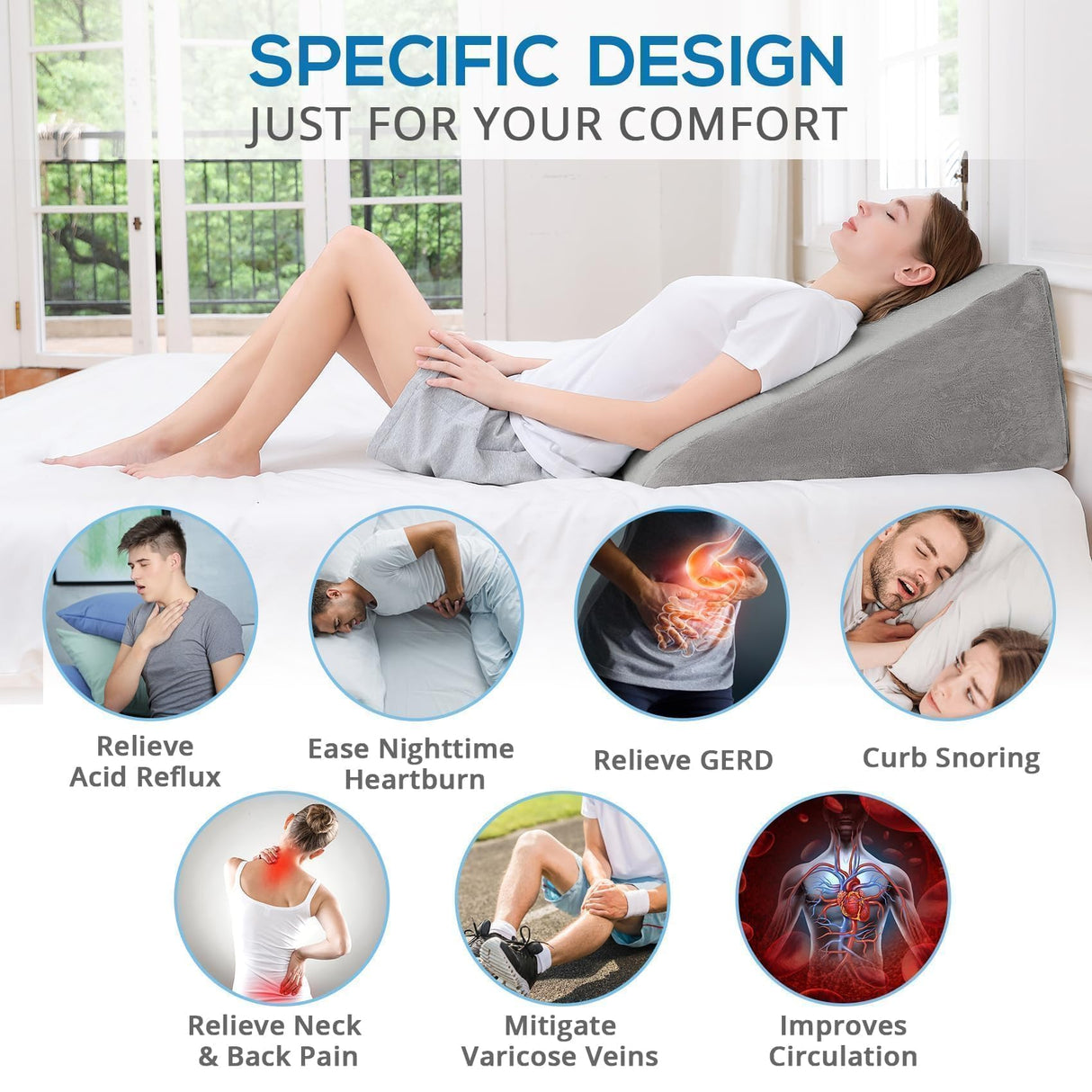 Sasttie Wedge Pillow, 12 Inch Memory Foam Bed Wedge Pillow for Sleeping, Acid Reflux, Back Pain, Post Surgery, and Snoring, Designed with Washable Cover, Solid Warm Gray