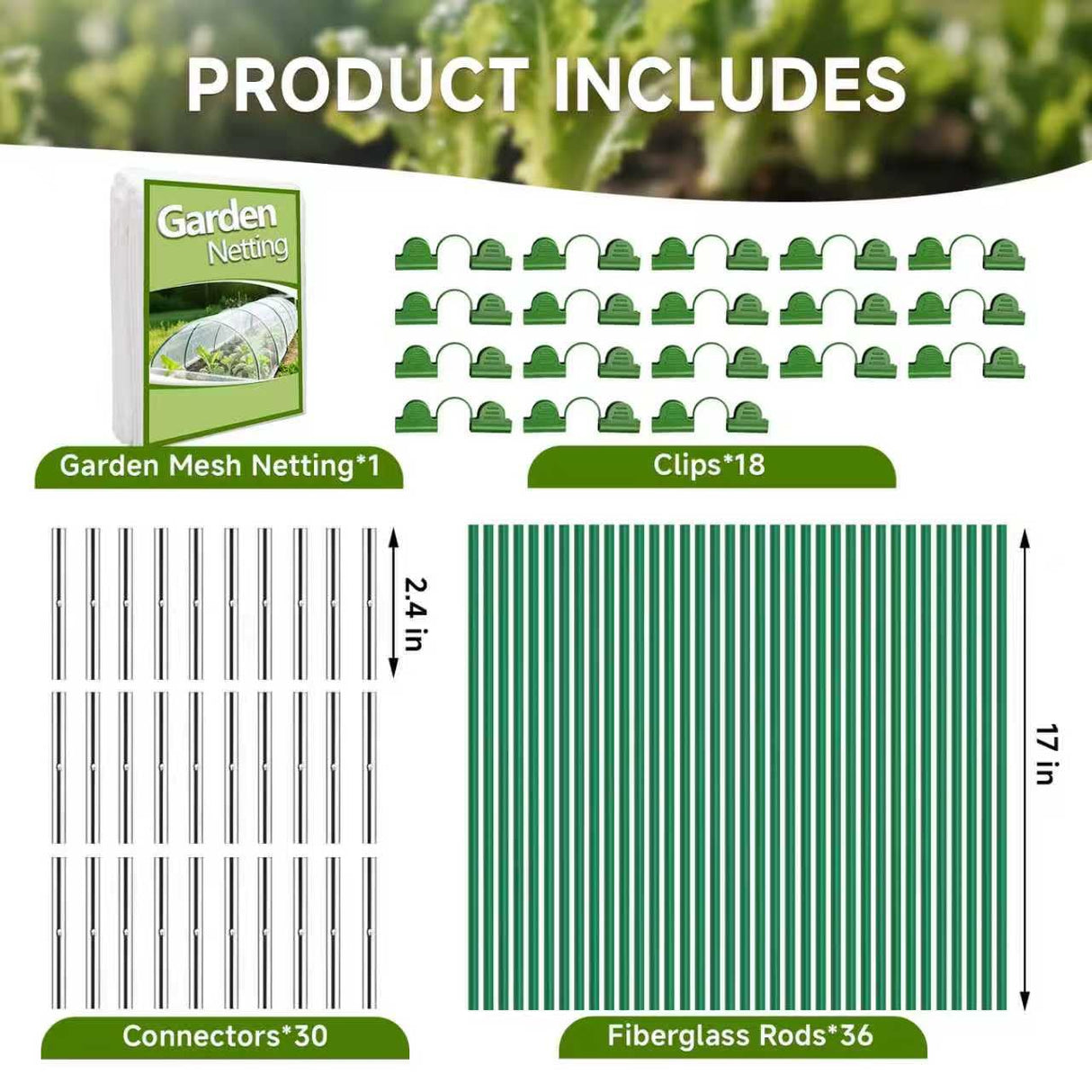 Nsitehalo 36pcs Garden Hoops for Raised Beds with Garden Netting, Rust-Free Fiberglass Greenhouse Hoops Grow Tunnel & Clips, Hoop House Support Frame for Row Cover & Plant Stakes for Vegetables